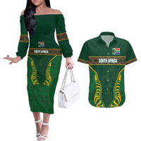 Custom South Africa Rugby Couples Matching Off The Shoulder Long Sleeve Dress and Hawaiian Shirt Springboks Spirit and King Protea