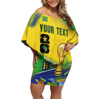 Personalized Brasil Rumo ao Hexa 26 Off Shoulder Short Dress World Trophy Gold Tropical Plants Carnival Style