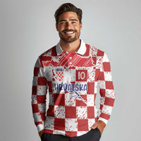 Custom Hrvatska National Football Long Sleeve Polo Shirt Checkerboard Sketch Style