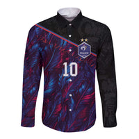Custom France National Football Long Sleeve Button Shirt Les Bleus Feather Pattern Abstract Fleur-De-Lis Art
