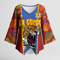 Custom DR Congo National Football Kimono Sleeve Blouse The Leopards Tropical Jungle Leaf Botanical Art