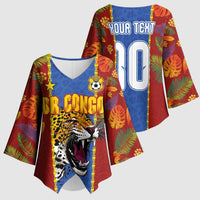 Custom DR Congo National Football Kimono Sleeve Blouse The Leopards Tropical Jungle Leaf Botanical Art