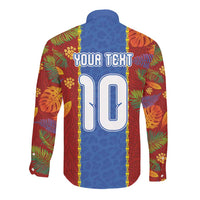 Custom DR Congo National Football Long Sleeve Button Shirt The Leopards Tropical Jungle Leaf Botanical Art
