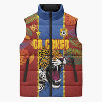 Custom DR Congo National Football Sleeveless Puffer Jacket The Leopards Tropical Jungle Leaf Botanical Art