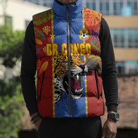 Custom DR Congo National Football Sleeveless Puffer Jacket The Leopards Tropical Jungle Leaf Botanical Art