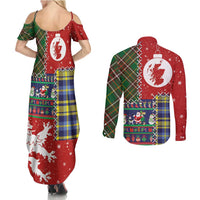 Scottish Christmas Couples Matching Summer Maxi Dress and Long Sleeve Button Shirt Scotland Lion and Xmas Elements Patch Style - Wonder Print Shop