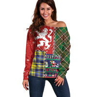 Scottish Christmas Off Shoulder Sweater Scotland Lion and Xmas Elements Patch Style - Wonder Print Shop