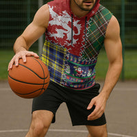 Scottish Christmas Sleeveless Hoodie Scotland Lion and Xmas Elements Patch Style - Wonder Print Shop