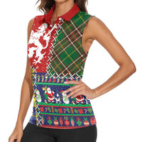 Scottish Christmas Women Sleeveless Polo Shirt Scotland Lion and Xmas Elements Patch Style - Wonder Print Shop