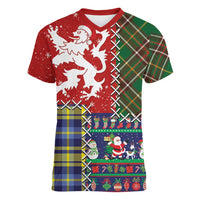 Scottish Christmas Women V-Neck T-Shirt Scotland Lion and Xmas Elements Patch Style - Wonder Print Shop