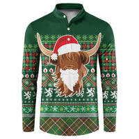 Scottish Christmas Button Sweatshirt Highland Cattle-Xmas Tartan Stripes Style Green Color - Wonder Print Shop