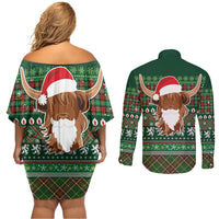 Scottish Christmas Couples Matching Off Shoulder Short Dress and Long Sleeve Button Shirt Highland Cattle-Xmas Tartan Stripes Style Green Color - Wonder Print Shop