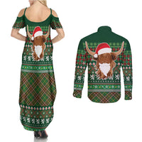 Scottish Christmas Couples Matching Summer Maxi Dress and Long Sleeve Button Shirt Highland Cattle-Xmas Tartan Stripes Style Green Color - Wonder Print Shop