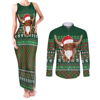 Scottish Christmas Couples Matching Tank Maxi Dress and Long Sleeve Button Shirt Highland Cattle-Xmas Tartan Stripes Style Green Color - Wonder Print Shop