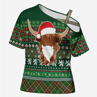 Scottish Christmas Cross Shoulder Shirt Highland Cattle-Xmas Tartan Stripes Style Green Color - Wonder Print Shop