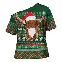 Scottish Christmas Cross Shoulder Shirt Highland Cattle-Xmas Tartan Stripes Style Green Color - Wonder Print Shop