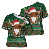 Scottish Christmas Cross Shoulder Shirt Highland Cattle-Xmas Tartan Stripes Style Green Color - Wonder Print Shop