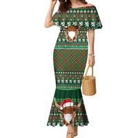 Scottish Christmas Family Matching Mermaid Dress and Hawaiian Shirt Highland Cattle-Xmas Tartan Stripes Style Green Color - Wonder Print Shop