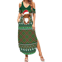 Scottish Christmas Family Matching Summer Maxi Dress and Hawaiian Shirt Highland Cattle-Xmas Tartan Stripes Style Green Color - Wonder Print Shop