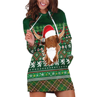 Scottish Christmas Hoodie Dress Highland Cattle-Xmas Tartan Stripes Style Green Color - Wonder Print Shop