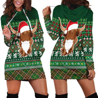 Scottish Christmas Hoodie Dress Highland Cattle-Xmas Tartan Stripes Style Green Color - Wonder Print Shop