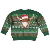 Scottish Christmas Kid Ugly Christmas Sweater Highland Cattle-Xmas Tartan Stripes Style Green Color - Wonder Print Shop