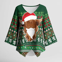 Scottish Christmas Kimono Sleeve Blouse Highland Cattle-Xmas Tartan Stripes Style Green Color - Wonder Print Shop