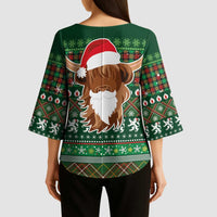 Scottish Christmas Kimono Sleeve Blouse Highland Cattle-Xmas Tartan Stripes Style Green Color - Wonder Print Shop