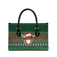 Scottish Christmas Leather Bag Highland Cattle-Xmas Tartan Stripes Style Green Color - Wonder Print Shop