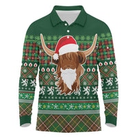 Scottish Christmas Long Sleeve Polo Shirt Highland Cattle-Xmas Tartan Stripes Style Green Color - Wonder Print Shop