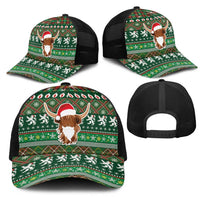 Scottish Christmas Mesh Trucker Cap Highland Cattle-Xmas Tartan Stripes Style Green Color - Wonder Print Shop