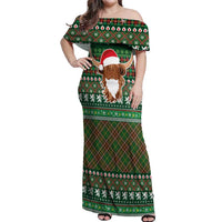 Scottish Christmas Off Shoulder Maxi Dress Highland Cattle-Xmas Tartan Stripes Style Green Color - Wonder Print Shop