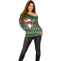 Scottish Christmas Off Shoulder Sweater Highland Cattle-Xmas Tartan Stripes Style Green Color - Wonder Print Shop