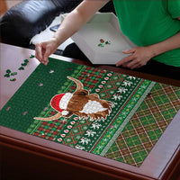 Scottish Christmas Puzzle Highland Cattle-Xmas Tartan Stripes Style Green Color - Wonder Print Shop