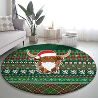 Scottish Christmas Round Carpet Highland Cattle-Xmas Tartan Stripes Style Green Color - Wonder Print Shop