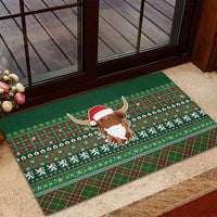 Scottish Christmas Rubber Doormat Highland Cattle-Xmas Tartan Stripes Style Green Color - Wonder Print Shop