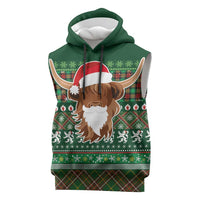 Scottish Christmas Sleeveless Hoodie Highland Cattle-Xmas Tartan Stripes Style Green Color - Wonder Print Shop