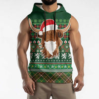 Scottish Christmas Sleeveless Hoodie Highland Cattle-Xmas Tartan Stripes Style Green Color - Wonder Print Shop