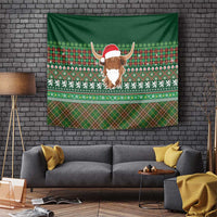Scottish Christmas Tapestry Highland Cattle-Xmas Tartan Stripes Style Green Color - Wonder Print Shop