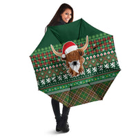 Scottish Christmas Umbrella Highland Cattle-Xmas Tartan Stripes Style Green Color - Wonder Print Shop