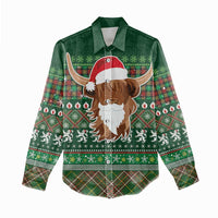 Scottish Christmas Women Casual Shirt Highland Cattle-Xmas Tartan Stripes Style Green Color - Wonder Print Shop