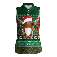 Scottish Christmas Women Sleeveless Polo Shirt Highland Cattle-Xmas Tartan Stripes Style Green Color - Wonder Print Shop