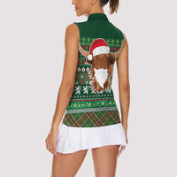 Scottish Christmas Women Sleeveless Polo Shirt Highland Cattle-Xmas Tartan Stripes Style Green Color - Wonder Print Shop