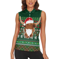 Scottish Christmas Women Sleeveless Polo Shirt Highland Cattle-Xmas Tartan Stripes Style Green Color - Wonder Print Shop