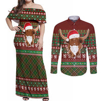 Scottish Christmas Couples Matching Off Shoulder Maxi Dress and Long Sleeve Button Shirt Highland Cattle-Xmas Tartan Stripes Style Red Color - Wonder Print Shop