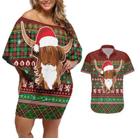 Scottish Christmas Couples Matching Off Shoulder Short Dress and Hawaiian Shirt Highland Cattle-Xmas Tartan Stripes Style Red Color - Wonder Print Shop