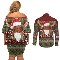 Scottish Christmas Couples Matching Off Shoulder Short Dress and Long Sleeve Button Shirt Highland Cattle-Xmas Tartan Stripes Style Red Color - Wonder Print Shop