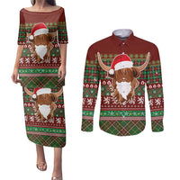 Scottish Christmas Couples Matching Puletasi and Long Sleeve Button Shirt Highland Cattle-Xmas Tartan Stripes Style Red Color - Wonder Print Shop