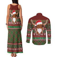 Scottish Christmas Couples Matching Tank Maxi Dress and Long Sleeve Button Shirt Highland Cattle-Xmas Tartan Stripes Style Red Color - Wonder Print Shop