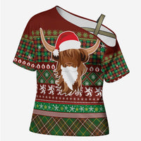 Scottish Christmas Cross Shoulder Shirt Highland Cattle-Xmas Tartan Stripes Style Red Color - Wonder Print Shop